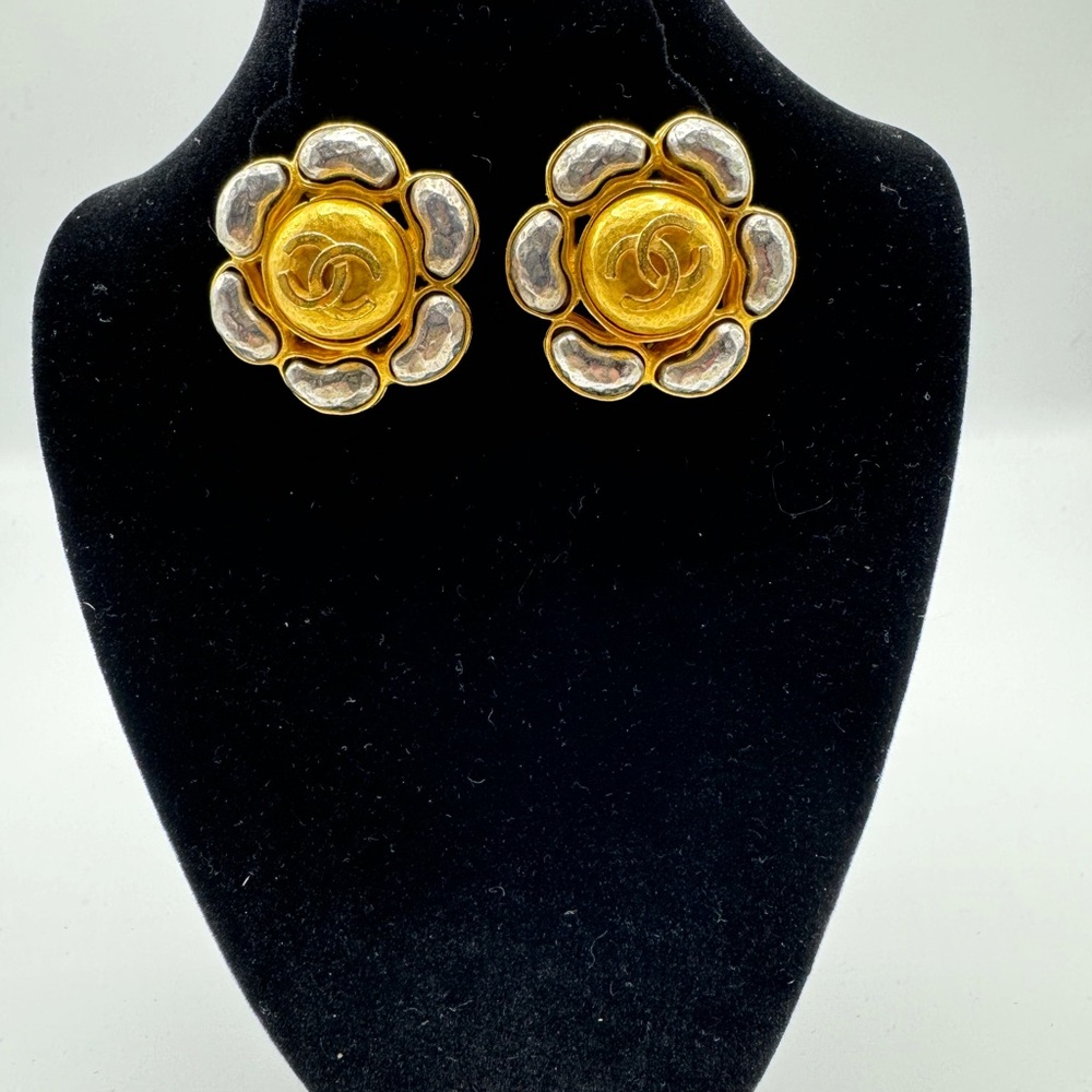 CHANEL Gold and Silver Flower Clip Earrings